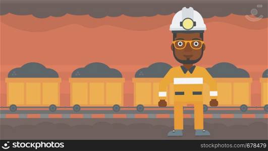 African-american confident coal miner. Male miner in hardhat with torch. Miner standing on the background of mining tunnel with cart full of coal. Vector flat design illustration. Horizontal layout.. Confident miner in hardhat vector illustration.