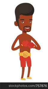 African-american confident sportsman in boxing gloves. Professional boxer wearing red boxing gloves. Full length of strong male boxer. Vector flat design illustration isolated on white background.. African-american confident boxer.