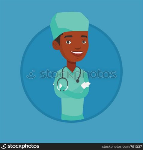 African-american confident surgeon in medical uniform. Surgeon standing with arms crossed. Surgeon with stethoscope on his neck. Vector flat design illustration in the circle isolated on background.. Young confident surgeon with arms crossed.