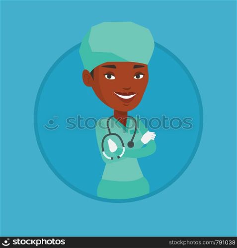 African-american confident surgeon in medical uniform. Surgeon standing with arms crossed. Surgeon with stethoscope on her neck. Vector flat design illustration in the circle isolated on background.. Young confident surgeon with arms crossed.