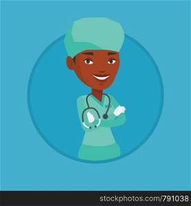 African-american confident surgeon in medical uniform. Surgeon standing with arms crossed. Surgeon with stethoscope on her neck. Vector flat design illustration in the circle isolated on background.. Young confident surgeon with arms crossed.