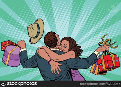 African American couple happiness from gifts and shopping, pop art retro illustration. Valentines day and holiday sales. Man and woman in love