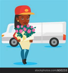 African-american courier with flowers on background of delivery truck. Delivery courier holding bouquet of flowers. Delivery courier delivering flowers. Vector flat design illustration. Square layout. Delivery courier holding bouquet of flowers.