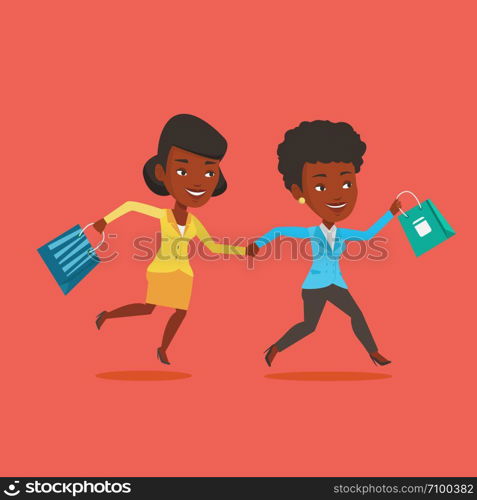 African-american customers rushing to promotion and sale. People rushing on sale to the shop. Two cheerful women running in a hurry to the store on sale. Vector flat design illustration. Square layout. People running in hurry to the store on sale.