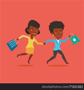 African-american customers rushing to promotion and sale. People rushing on sale to the shop. Two cheerful women running in a hurry to the store on sale. Vector flat design illustration. Square layout. People running in hurry to the store on sale.
