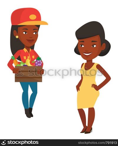 African-american delivery courier delivering online grocery shopping order. Delivery courier delivering groceries to customer at home. Vector flat design illustration isolated on white background.. Delivery courier delivering groceries to customer.