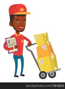 African-american delivery courier with clipboard. Delivery courier pushing cardboard boxes on trolley. Friendly worker of delivery service. Vector flat design illustration isolated on white background. Delivery courier with cardboard boxes.