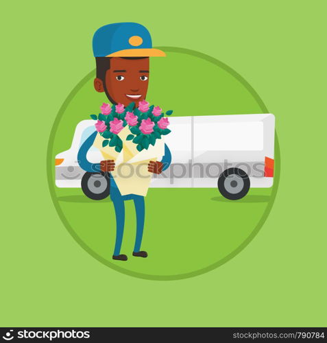 African-american delivery courier with flowers standing on the background of delivery truck. Delivery courier delivering flowers. Vector flat design illustration in the circle isolated on background.. Delivery courier holding bouquet of flowers.