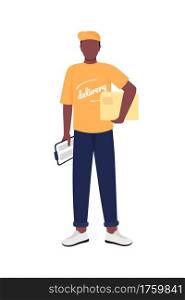 African american delivery man flat color vector faceless character. Courier in uniform with parcel. Essential worker isolated cartoon illustration for web graphic design and animation. African american delivery man flat color vector faceless character