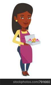 African-american delivery woman holding a box of cakes. Baker delivering cakes. Young delivery woman with cupcakes. Food delivery service. Vector flat design illustration isolated on white background.. Baker delivering cakes vector illustration.