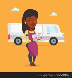 African-american delivery woman holding a box of cakes. Baker delivering cakes. Young woman with cupcakes standing on the background of delivery truck. Vector flat design illustration. Square layout.. Baker delivering cakes vector illustration.
