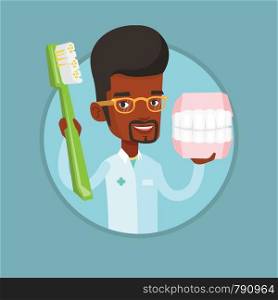 African-american dentist holding dental jaw model and a toothbrush in hands. Dentist showing dental jaw model and toothbrush. Vector flat design illustration in the circle isolated on background.. Dentist with dental jaw model and toothbrush.