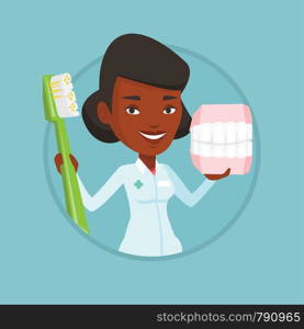 African-american dentist holding dental jaw model and a toothbrush in hands. Dentist showing dental jaw model and toothbrush. Vector flat design illustration in the circle isolated on background.. Dentist with dental jaw model and toothbrush.