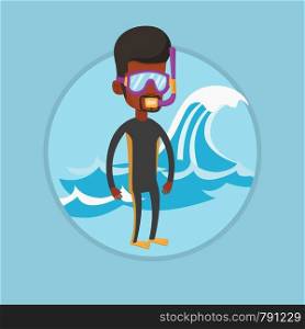 African-american diver enjoying snorkeling. Diver standing in diving suit, flippers, mask and tube. Diver ready for snorkeling. Vector flat design illustration in the circle isolated on background.. Young scuba diver vector illustration.