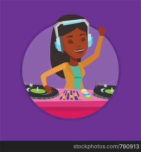 African-american DJ in headphones at the party in night club. DJ mixing music on turntables. DJ playing and mixing music on deck. Vector flat design illustration in the circle isolated on background.. DJ mixing music on turntables vector illustration.