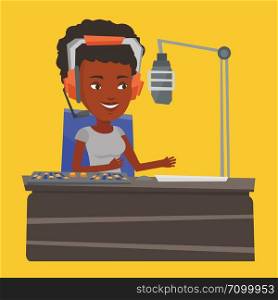 African-american dj working on a radio station. Radio dj speaking into a microphone in a studio. News presenter in headset working on a radio station. Vector flat design illustration. Square layout.. Female dj working on the radio vector illustration