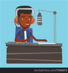 African-american dj working on a radio station. Radio dj speaking into a microphone in a studio. News presenter in headset working on a radio station. Vector flat design illustration. Square layout.. Male dj working on the radio vector illustration