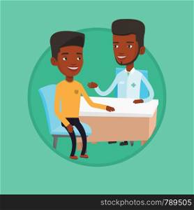 African-american doctor consulting patient. Doctor talking to patient. Doctor communicating with patient about his state of health. Vector flat design illustration in the circle isolated on background. Doctor consulting male patient in office.