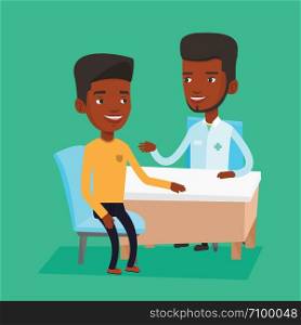 African-american doctor consulting patient in office. Doctor talking to smiling patient. Doctor communicating with patient about his state of health. Vector flat design illustration. Square layout.. Doctor consulting male patient in office.
