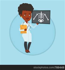 African-american doctor examining a radiograph. Young doctor looking at a chest radiograph. Doctor observing a skeleton radiograph. Vector flat design illustration in the circle isolated on background. Doctor examining radiograph vector illustration.