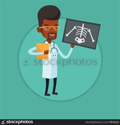 African-american doctor examining a radiograph. Young doctor looking at chest radiograph. Doctor observing a skeleton radiograph. Vector flat design illustration in the circle isolated on background.. Doctor examining radiograph vector illustration.