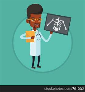 African-american doctor examining a radiograph. Young doctor looking at chest radiograph. Doctor observing a skeleton radiograph. Vector flat design illustration in the circle isolated on background.. Doctor examining radiograph vector illustration.