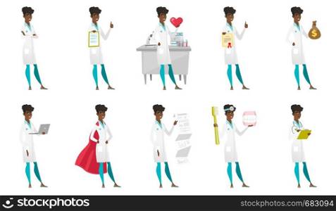 African-american doctor holding clipboard and giving thumb up. Full length of doctor with clipboard. Doctor showing clipboard. Set of vector flat design illustrations isolated on white background.. Vector set of doctor characters.