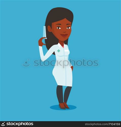African-american doctor holding medical injection syringe. Young female doctor standing with syringe. Doctor holding a syringe ready for injection. Vector flat design illustration. Square layout.. Doctor holding syringe vector illustration.