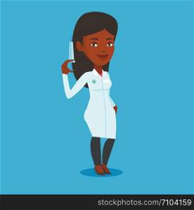 African-american doctor holding medical injection syringe. Young female doctor standing with syringe. Doctor holding a syringe ready for injection. Vector flat design illustration. Square layout.. Doctor holding syringe vector illustration.