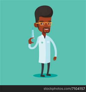 African-american doctor holding medical injection syringe. Young male doctor standing with syringe. Doctor holding a syringe ready for injection. Vector flat design illustration. Square layout.. Doctor holding syringe vector illustration.
