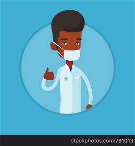 African-american doctor in mask giving thumbs up. Doctor in medical gown showing thumbs up gesture. Doctor with gesture thumb up. Vector flat design illustration in the circle isolated on background.. Doctor giving thumbs up vector illustration.