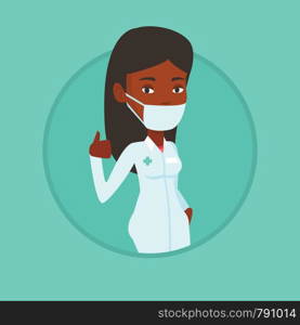 African-american doctor in mask giving thumbs up. Doctor in medical gown showing thumbs up gesture. Doctor with gesture thumb up. Vector flat design illustration in the circle isolated on background.. Doctor giving thumbs up vector illustration.