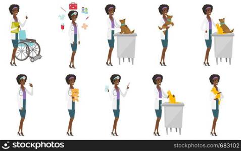 African-american doctor in medical gown holding clipboard with documents. Young doctor with documents. Doctor holding documents. Set of vector flat design illustrations isolated on white background.. Vector set of doctor characters.