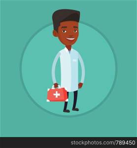 African-american doctor in medical gown holding first aid box. Doctor standing with first aid kit. Doctor carrying first aid box. Vector flat design illustration in the circle isolated on background.. Doctor holding first aid box vector illustration.