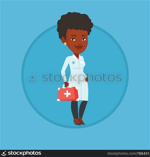 African-american doctor in medical gown holding first aid box. Doctor standing with first aid kit. Doctor carrying first aid box. Vector flat design illustration in the circle isolated on background.. Doctor holding first aid box vector illustration.