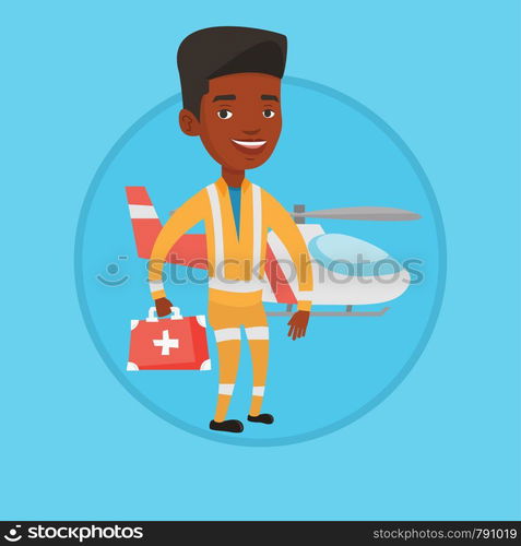 African-american doctor of air ambulance standing in front of rescue helicopter. Doctor of air ambulance with first aid box. Vector flat design illustration in the circle isolated on background.. Doctor of air ambulance vector illustration.