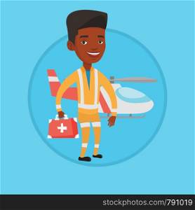 African-american doctor of air ambulance standing in front of rescue helicopter. Doctor of air ambulance with first aid box. Vector flat design illustration in the circle isolated on background.. Doctor of air ambulance vector illustration.