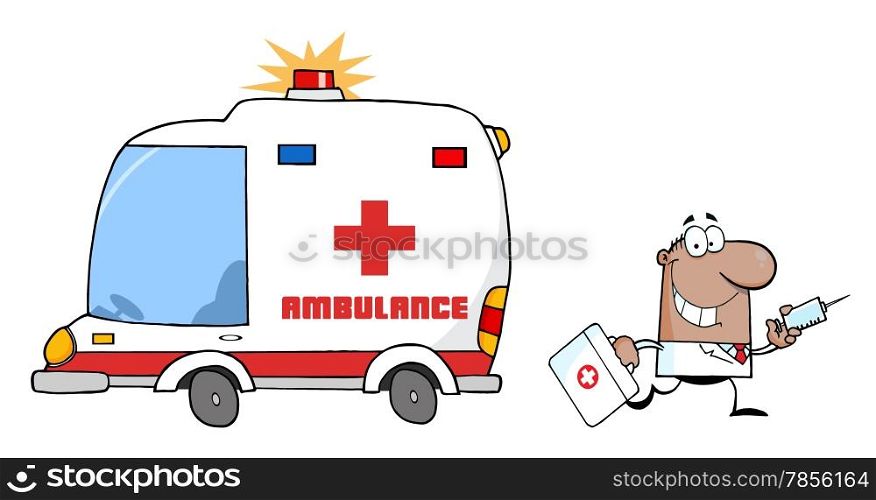 African American Doctor Running With A Syringe And Bag From Ambulance