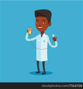 African-american doctor showing application for checking heart rate pulse. Doctor holding smartphone with application for measuring heart rate pulse. Vector flat design illustration. Square layout.. Doctor showing app for measuring heart pulse.