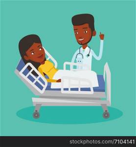 African-american doctor visiting patient. Doctor pointing finger up during visiting of patient. Woman lying in hospital bed while doctor visits her. Vector flat design illustration. Square layout.. Doctor visiting patient vector illustration.
