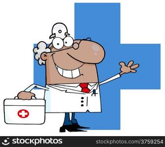 African American Doctor Waving Over A Blue Cross