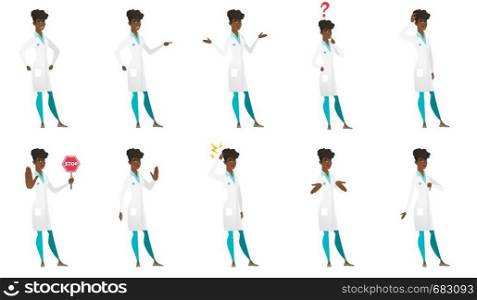 African-american doctor with lightning over head. Full length of doctor with lightning. Confident doctor standing under lightning. Set of vector flat design illustrations isolated on white background.. Vector set of doctor characters.