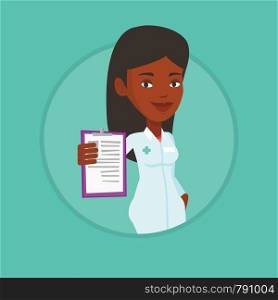African-american doctor with patient records. Doctor showing clipboard with prescription. Doctor in medical gown holding clipboard. Vector flat design illustration in the circle isolated on background. Doctor with clipboard vector illustration.
