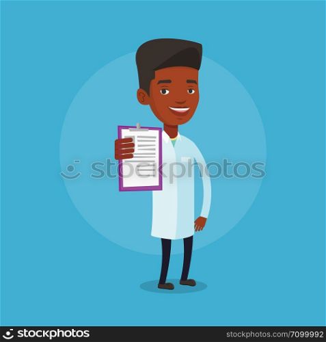 African-american doctor with patient records. Young male doctor showing clipboard with prescription. Male doctor in medical gown holding clipboard. Vector flat design illustration. Square layout.. Doctor with clipboard vector illustration.