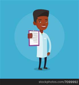 African-american doctor with patient records. Young male doctor showing clipboard with prescription. Male doctor in medical gown holding clipboard. Vector flat design illustration. Square layout.. Doctor with clipboard vector illustration.