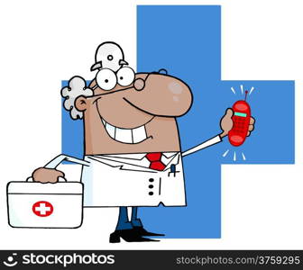 African American Doctor With Phone Ringing Over A Blue Cross