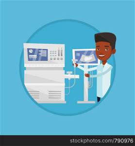 African-american doctor working on modern ultrasound equipment. Operator of ultrasound scanning machine analyzing liver of patient. Vector flat design illustration in the circle isolated on background. Male ultrasound doctor vector illustration.
