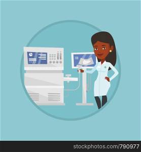 African-american doctor working on modern ultrasound equipment. Operator of ultrasound scanning machine analyzing liver of patient. Vector flat design illustration in the circle isolated on background. Female ultrasound doctor vector illustration.