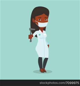 African-american ear nose throat doctor holding medical tool. Young doctor in medical gown and mask with tools used for examination of ear, nose, throat. Vector flat design illustration. Square layout. Ear nose throat doctor vector illustration.