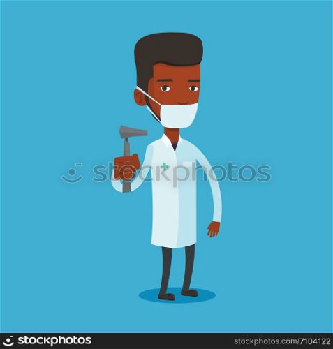 African-american ear nose throat doctor holding medical tool. Young doctor in medical gown and mask with tools used for examination of ear, nose, throat. Vector flat design illustration. Square layout. Ear nose throat doctor vector illustration.